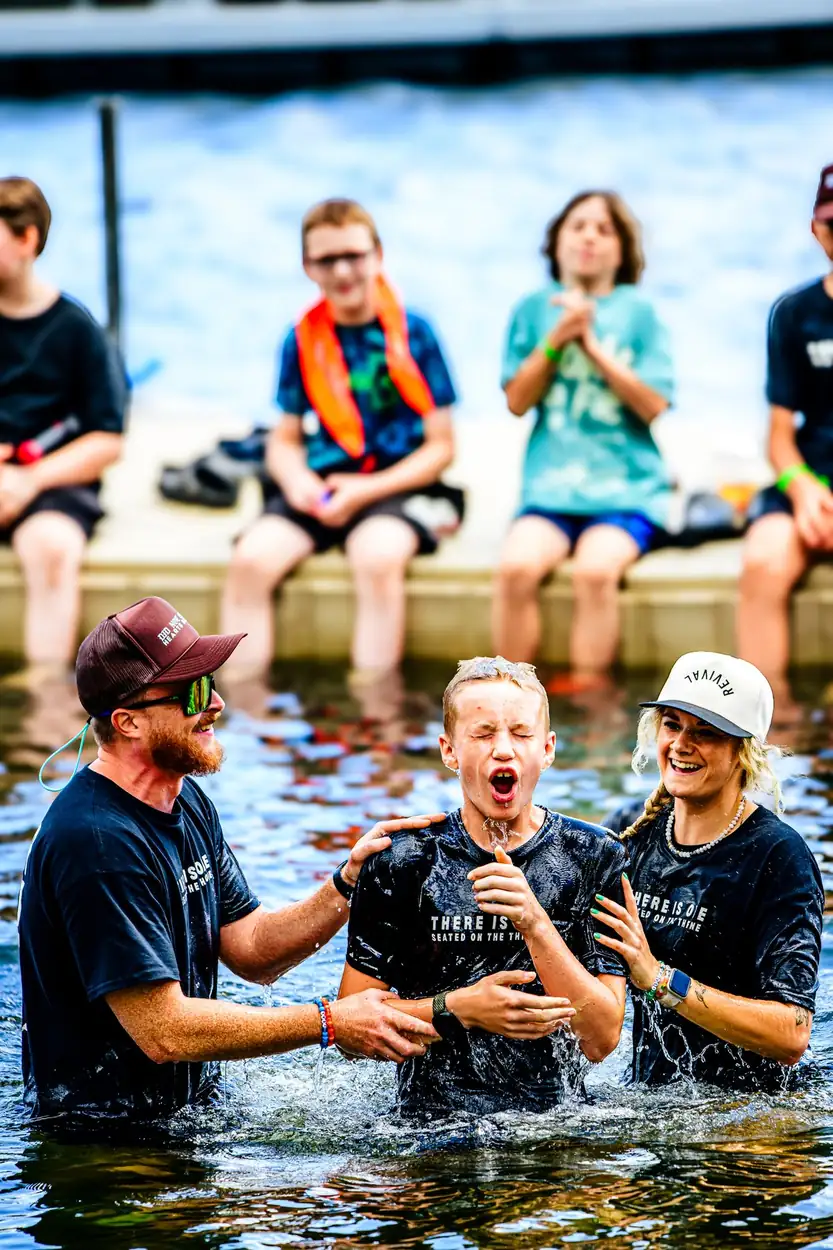A boy mid-shout with his mouth wide open, the pastor's hands on him, a leader laughing beside him.